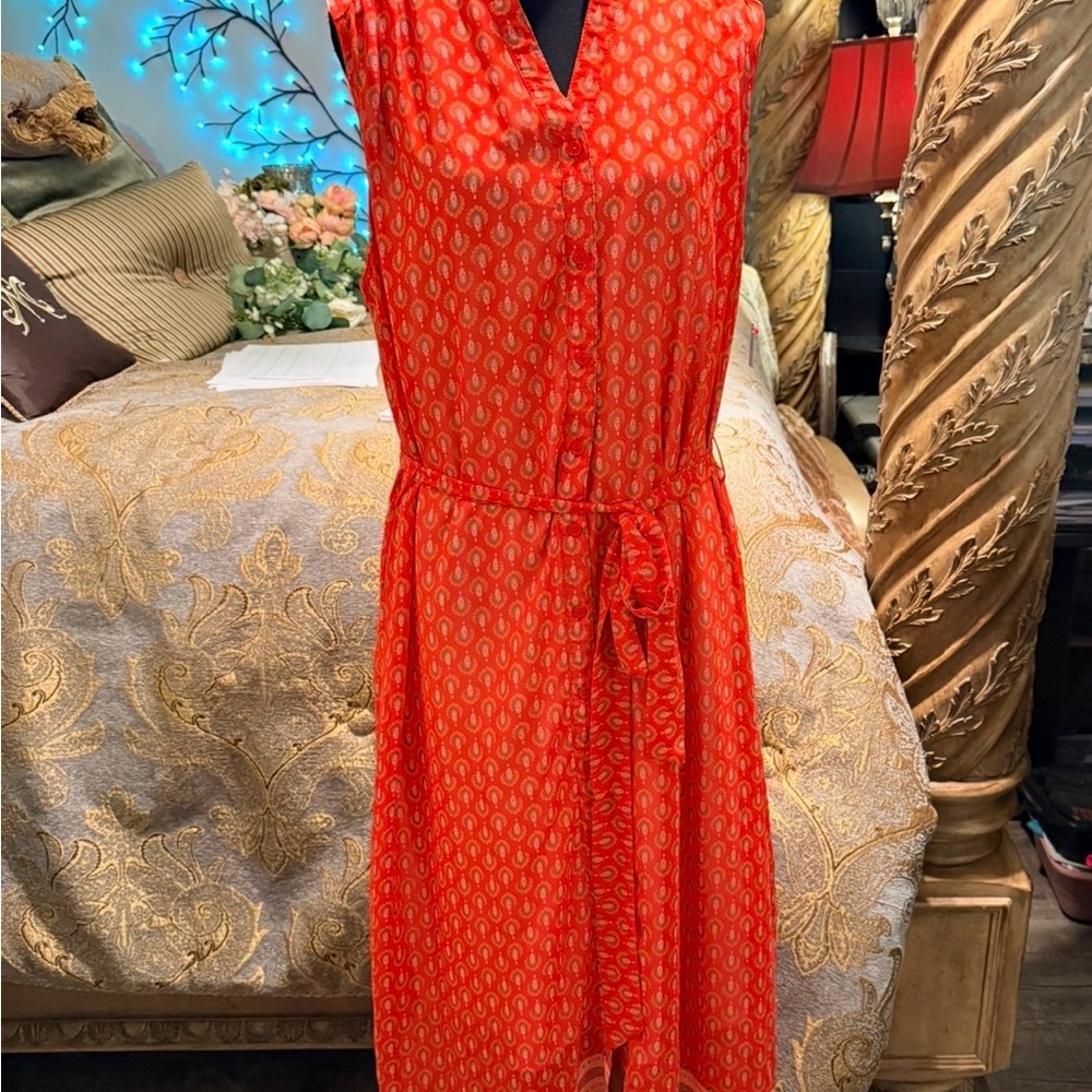 Sleeveless Orange Printed Maxi Dress with Tie Waist